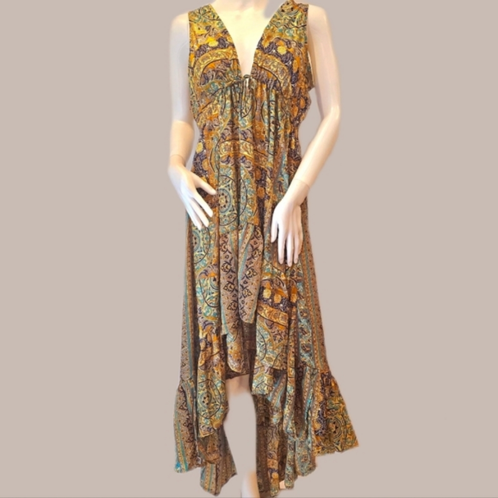 KARMA HIGHWAY Gold Teal Hi Lo Ruffle Hem Sangria Dress OS NEW